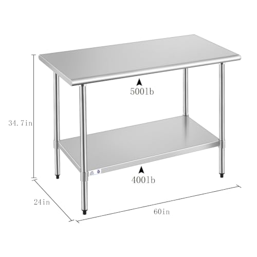 Image of ROCKPOINT Stainless Steel Table for Prep & Work 24x60 Inches, NSF Metal Commercial Kitchen Heavy Duty Table with Adjustable Under Shelf and Table Foot for Restaurant, Home and Hotel