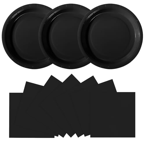 PYAILI 48 Pcs Black Paper Plates Disposable 24 Napkins and 24-9 Disposable Birthday Cake Dessert Plates For Valentines Day Baby Shower Easter Party