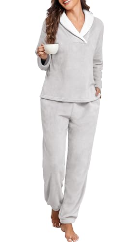 PrinStory Womens Pajamas Winter Soft Fluffy Pajama Set Fuzzy Warm Pjs Flannel 2 Piece Plush Sleepwear Lounge Sets4
