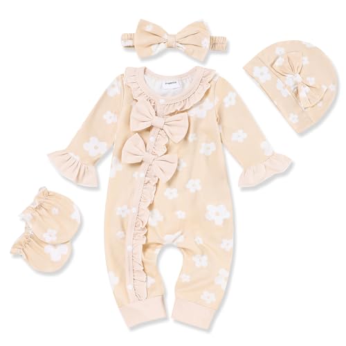Image of Newborn Baby Girl Clothes Long Sleeve Ruffle Romper Infant Girl Fall Winter Jumpsuits Cute Premiee Floral 4Pcs Outfit