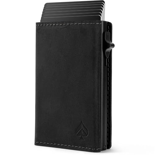 Card Nine! Magnet Kartenetui - Premium Slim Wallet - Geldbörse mit RFID-Schutz - Portemonnaie für Damen & Herren - Geldbeutel mit Magnetverschluss (Crazy-Horse-Leder Schwarz Mit Münzfach)