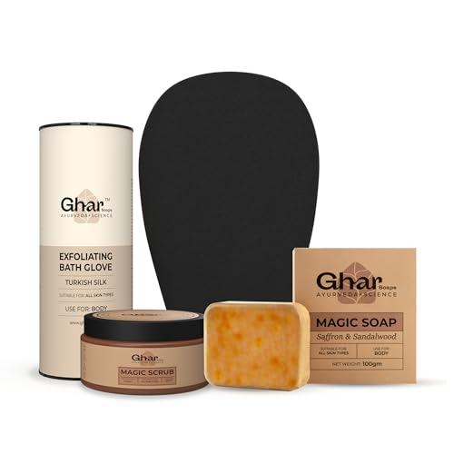 GHAR SOAPS Magic Soap Sandal Wood And Saffron Bath Soap 100gm | Paraben Free | Exfoliating Gloves | Magic Scrub | Tan Removal & Glowing Skin