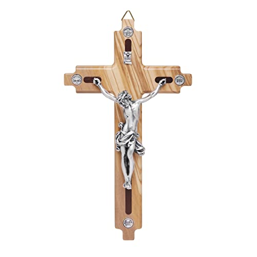 Mondo Cattolico - Crucifix wall cross Catholic Benedict During Pope's Angelus, Olive Wooden Crucifix with the Four Major Roman Basilicas Medals - Jesus Crucifix 8.26