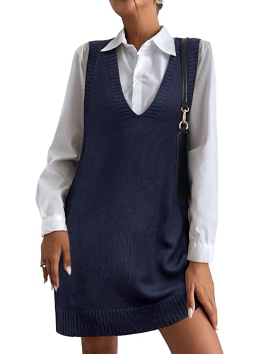 Image of HOTOUCH Women Sweater Vest Oversized V Neck Sleeveless Knit Pullover Ribbed Vest Dress with Pockets