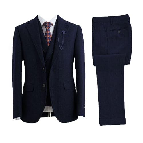 Men Elegant 3-Piece Herringbone Coarse Woolen Fabrics Customize Business Banquet Suit Navy Blue