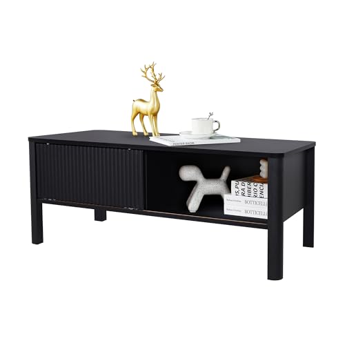 affeivul Rectangle Fluted Coffee Table with Storage and Sliding Drawers, Small Low Black Coffee Table, Mid Century Modern Coffee Table for Living Room