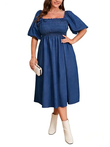 white denim dress plus size Dress: Blue Midi Jean Plus Size - Babydoll Off Shoulder Dresses Chiffon Long bridesmaid Dress Size:XL | in stock This plus Built-In Shorts