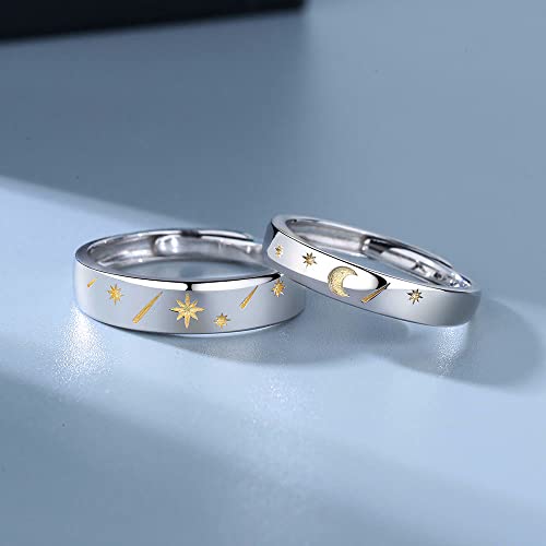 MIKAMU Star Moon Couple Rings 925 Sterling Silver Adjustable Open Rings Engagement Pair Rings Rings for Men Rings for Women Wedding Promise Engagement Anniversary Ring2