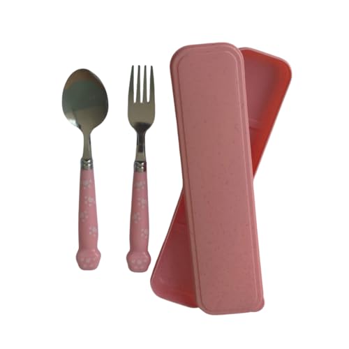 Kit de Talheres Infantil com Estojo – Colher e Garfo em Aço Inox com Cabo Colorido e Design Ergonômico (Rosa)