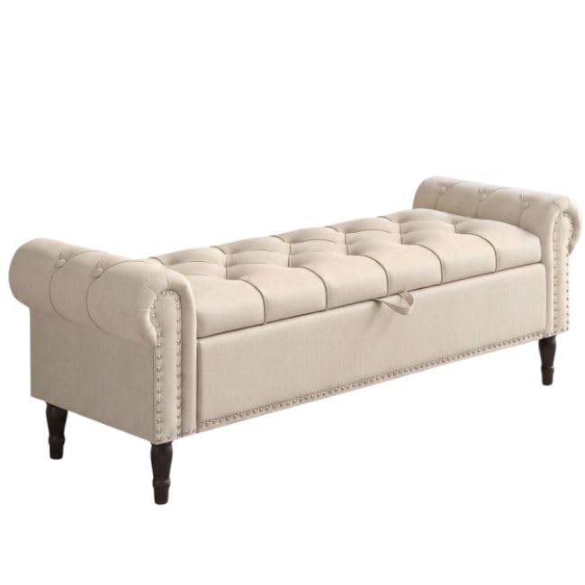 Storage Ottoman Bench for Bedroom | Upholstered Tufted Linen Fabric End of Bed Bench with Hidden Storage | Wooden Legs-image-20