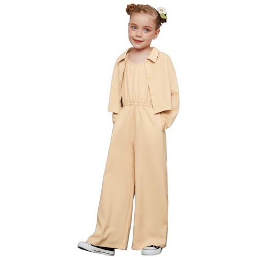 Image of Perfashion Girls 2 Piece Outfits Cotton Linen Jumpsuit Set Button Down Shirt Pants Sets School Clothes 6-15Y