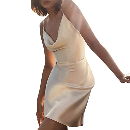 NFNSIG Vestido curto de cetim com alças finas, gola drapeada, amarrado nas costas, elegante, de ceti