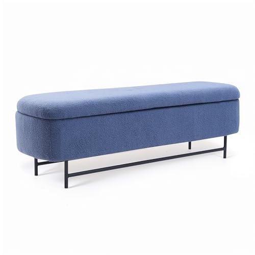 DRKAT 56" Boucle Storage Bench for Bedroom, Upholstered Teddy Ottoman Bench, Modern Extra Long Storage Bench for End of Bed/Entryway/Livingroom/Window (Navy)