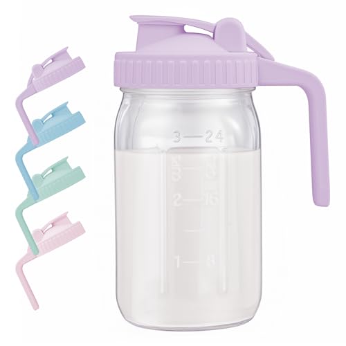 Image of Breast Milk Pitcher with Leak Proof Flip Cap & Pour Spout, 32 oz Wide Mouth Mason Jars for Breast Milk Storage Container, Glass Picther with Lid for Cold Brew Coffee, Sun Tea, Juices, Purple
