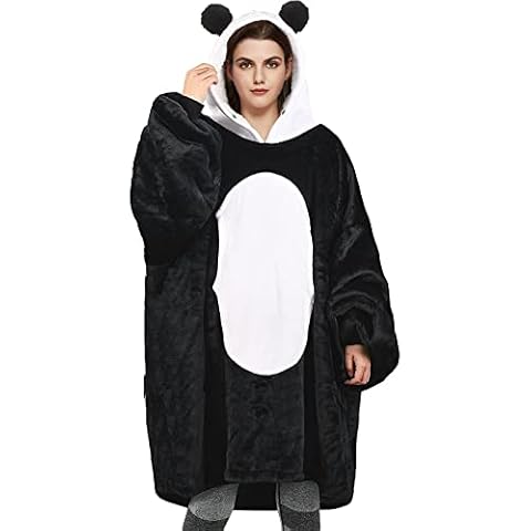 IvyH Sweatshirt Blanket for Women, Oversized Hoodie Sweatshirt Blanket Super Soft Warm Comfortable Hoody Cute Bear Hood Hooded TV-Blanket One Size fits Men Women(Black White) Cover