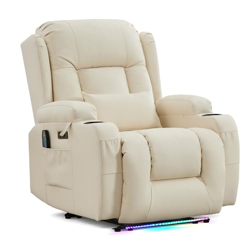 Image of URRED Recliner Chair with Massage and Heat, Power Reclining Sofa Chair Home Theater Seating with LED Ambient Light, USB Ports, Cup Holders, Side Pockets, Faux Leather (Beige, Set of 1)