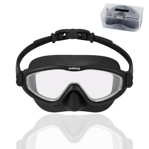 Image of PROBEROS Premium Swimming Goggles for Men & Women, 2-in-1 Wide View Goggles UV Protection & Anti-Glare Lenses with Anti-Choke Nose Cover & Earplugs, Adjustable No Pressure Swim Goggles, Black