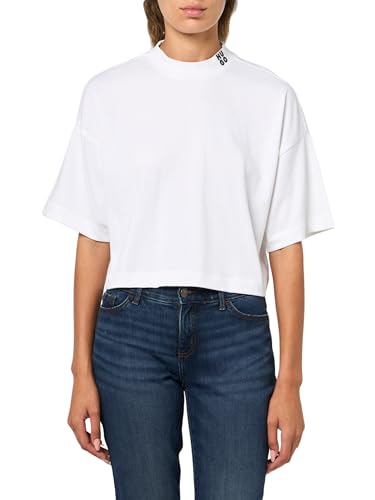 Catálogo de Hugo Boss Dama favoritos de las personas. 42 HUGO - Playera Recortada con Logotipo apilado para Mujer, Blanco (White Powder), M