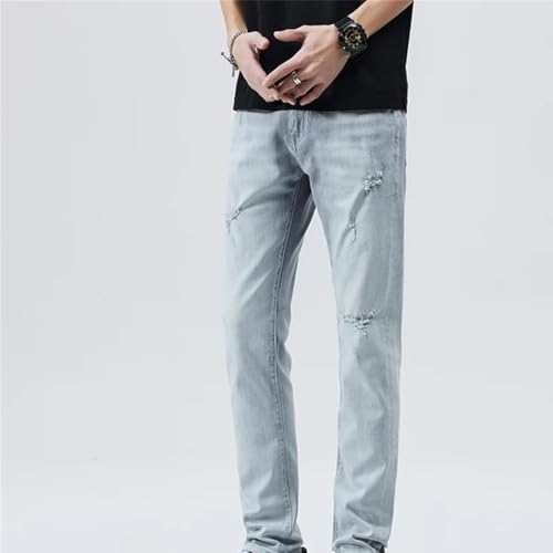 Men’S Slim Fit Straight Elastic Tear Denim Pants Elastic Waist Lightweight Ankle Length Trendy Button Detail Jeans4
