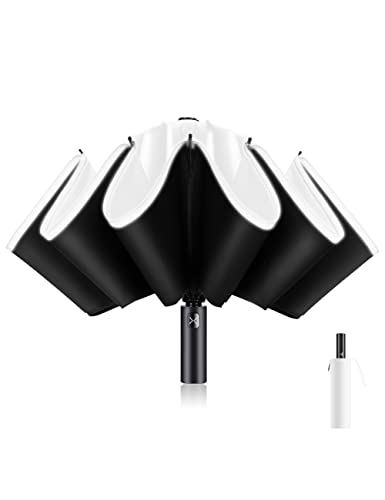 XIXVON Paraguas Pro (10 Varillas, Blanco) | UPF 50+ 99% De ProteccióN UV, Banda De Seguridad Reflectante, Resistente Al Viento, PortáTil, AutomáTico | Paraguas Plegable Inverso Cover