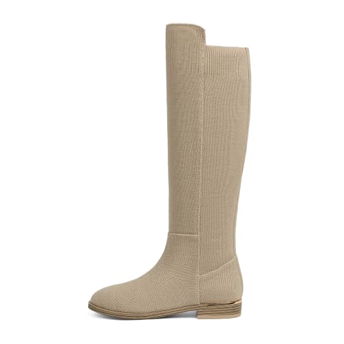 Image of Modatope Rounded Toe Flat Stretchy Dress Knee High Boots Side Zipper