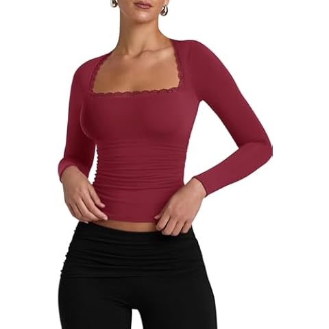 PINKMSTYLE Womens Red Lace Square Neck Double Lined Long Sleeve Y2K Tops Fitted T Shirts for Woman Large Cover