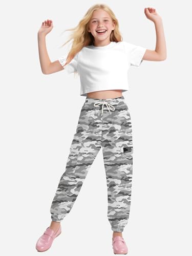 Image of Cromoncent Girls Cargo Pants Elastic Waist Lightweight Outdoor Jogger Pants, Gray White Camo 7-8 Years