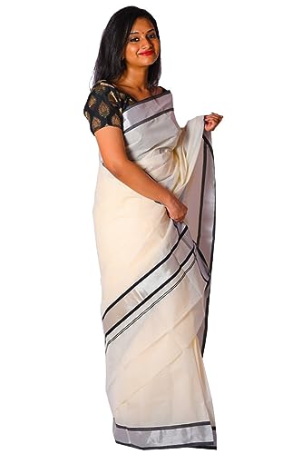 Image of Women's Kerala Traditional Cotton Kasavu Saree with Running Blouse | Sari for Weddings, Festivals, Temple Visits, Onam Vishu & Regular Wear