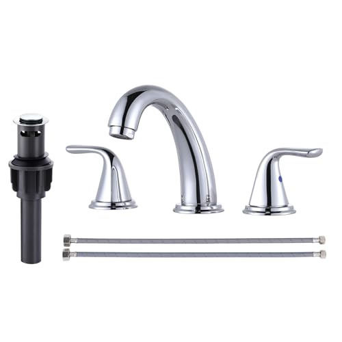 Bathroom Sink Faucet 3 Holes Chrome, ALEASHA Widespread Bathroom Faucet, Bathroom Faucets with Pop Up Drain with Overflow, Washroom Faucets with 304 Stainless Steel Lead-Free Hose