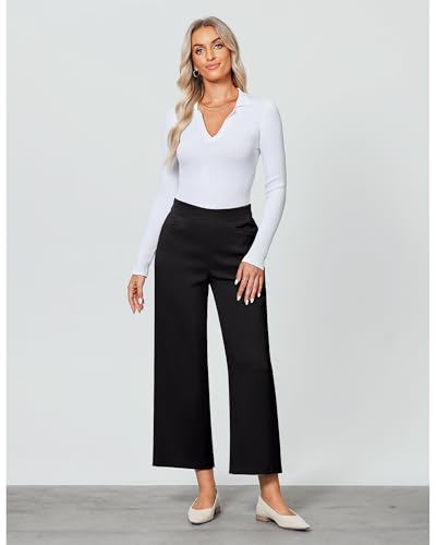 GRAPENT Cropped Pants for Women Trendy Business Casual High Waisted Pull On Wide Leg Stretchy Dress Pants with Pockets4