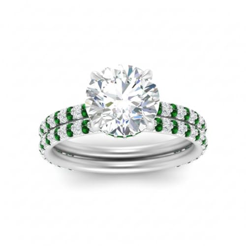 Image of Choose Your Gemstone Hidden Diamond CZ Wedding Set 925 Sterling Silver Round Shape Wedding Ring Sets Minimal Modern Design Birthday Gift Wedding Gift US Size 4 to 12