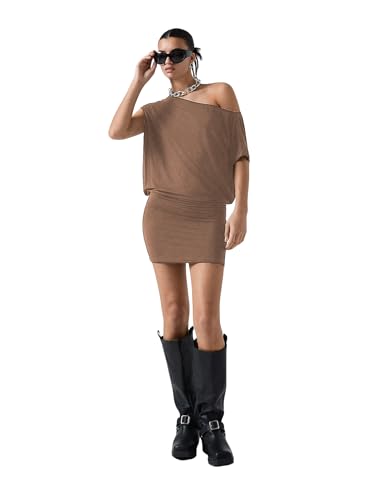 Image of SOLY HUX Women's Off The Shoulder Mini Dress Going Out Asymmetrical Neck Short Sleeve Casual Bodycon T Shirt Dresses
