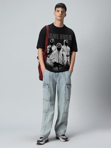 Image of Bewakoof X Squid Game Men's Cotton Graphic Print Oversized Fit Half Sleeve Round Neck T-Shirt | Casual Wear | Street Wear | Oversized t Shirt for Men Cotton | Baggy