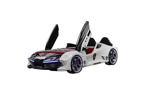 Generico Lit de voiture pour enfants à thème police Moon Aero avec lumières LED, effets sonores, portes ouvrables et télécommande, certifié CE, 90 x 190...