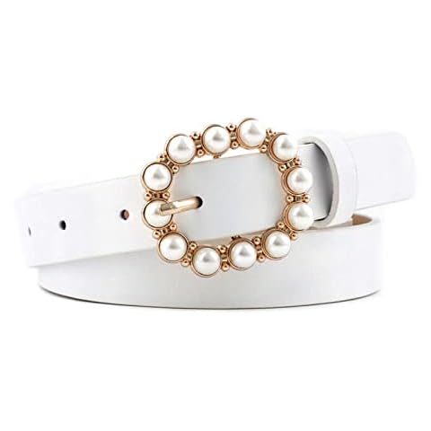 NiceYnn Womens Pearl Leather Belts for Jeans Pants with Gold Alloy Oval Pin Buckle - Ladies Retro Vintage PU Waist Belt Adjustable Waistband Cover