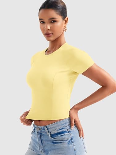 YEOREO Women Tops Baby T-Shirt Short Sleeve Crew Neck Going Out Crop Top Corriny Slim Fit Workout Basic Baby Tee2
