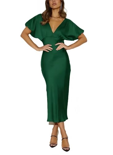 Satin V Neck Puffy Sleeves Silk Midi Dresses Empire Waist Elegant Tie Back Formal Cocktail Dress for Women Wedding Guest Emerald
