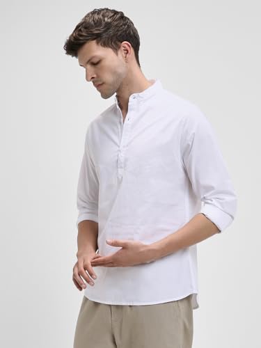 Image of Dennis Lingo Men's Cotton Solid Slim Fit Mandarin Collar Full Sleeves Casual Shirt