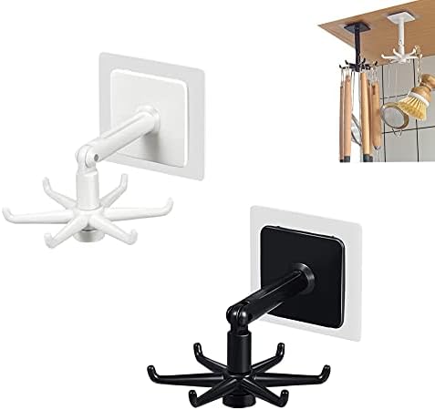 Gancio Pieghevole Girevole a 360 °, Con 6 Ganci, Autoadesivo Senza Perforazione, Utilizzato In Cucina e Bagno, Salvaspazio, Bianco e Nero (2 Pz)