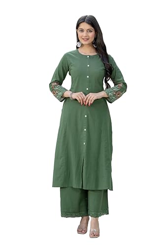 Image of Pistaa's Women Cotton Elegant Off-White Floral Embroidered Sleeves Kurta Palazzo Set
