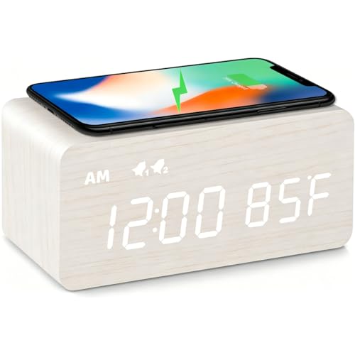 MOSITO Digital Wooden Alarm Clock with Wireless Charging, 0-100% Dimmer, Dual Alarm, Weekday/Weekend...