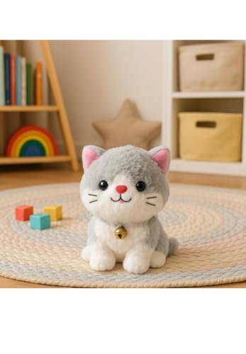 Image of CCute Cat Soft Toy 25 cm | Grey & White Kitty Plush Toy with Bell | Ultra Soft Stuffed Animal for Kids | Kawaii Cat Teddy Doll | Birthday Gift for Boys & Girls