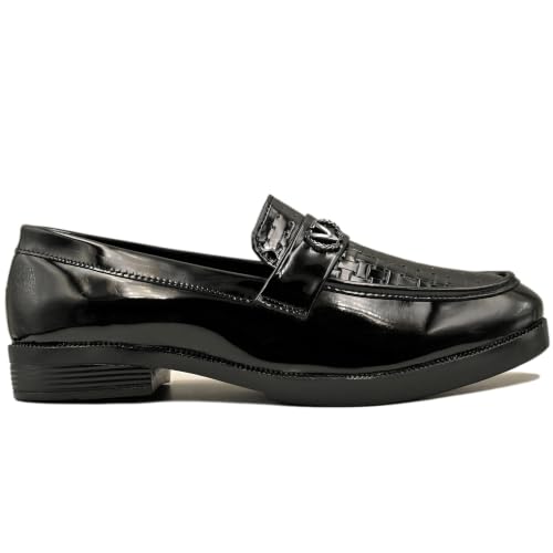 Image of Men's Glossy Loafers | Synthetic Leather | Formal Slip-On Shoes for Men | Woven Texture Patent Finish | Cushioned Comfort | Office, Party & Wedding | Black - Multicolour