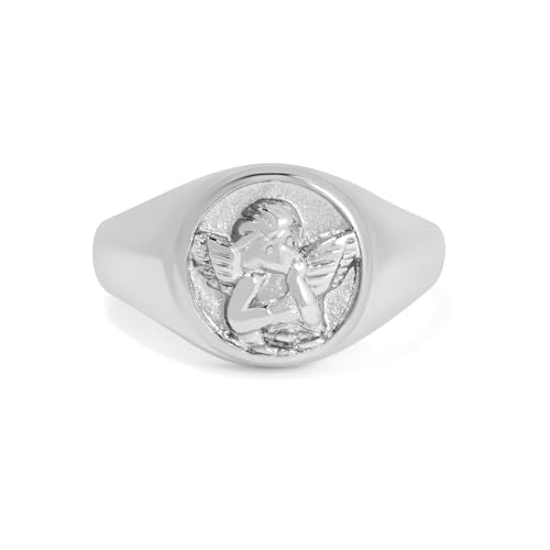 Gold Chunky Signet Stackable Pinky Ring for Women Men, Guardian Angel Cherub, Tarnish-Resistant 18K Gold Plated Stainless Steel Size 3 4 5 6 7 8 9 10 11