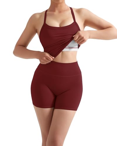Image of SUUKSESS Women 2 Piece Workout Sets High Waisted Tummy Control Biker Shorts Halter Padded Tank Tops