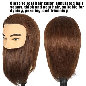 Cabeza de maniquí masculino con barba, 100% cabello humano real, corte de pelo, cabeza de entrenamiento para cosmetología, cabello liso y grueso, cabeza de maniquí con soporte, práctica de corte y 4