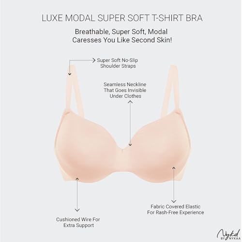 Image of NYKD NYB218 Modal Fabric Lightly Padded Wired T-Shirt Bra for Women Seamless Neckline Non Slip Shoulder Straps