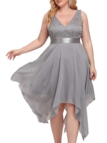 Image of Ever-Pretty Plus Women's V Neck Sleeveless Asymmetric Hem Lace Chiffon Short Summer Plus Size Wedding Guest Dresses Grey US14