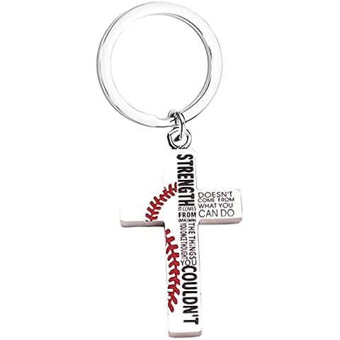 GDKASRNY Baseball Cross Necklace Keychain Christian Gift Strength Doesn't Come from What You Can Do Cross Bible Verse Jewelry (Strength Cross Keychain) Cover