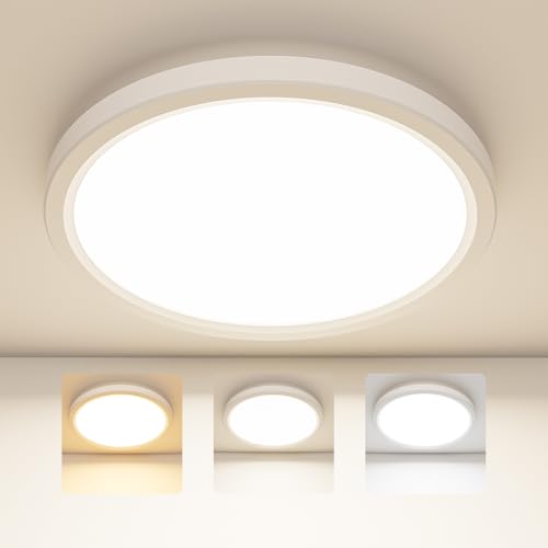 SKUTZTEK Plafonnier LED, Luminaire Plafonnier LED Étanche IP44, 3 couleurs 3000K/4000K/6500K Plafonnie Rond Ultra-fin et Moderne pour Salle De Bain, pour...